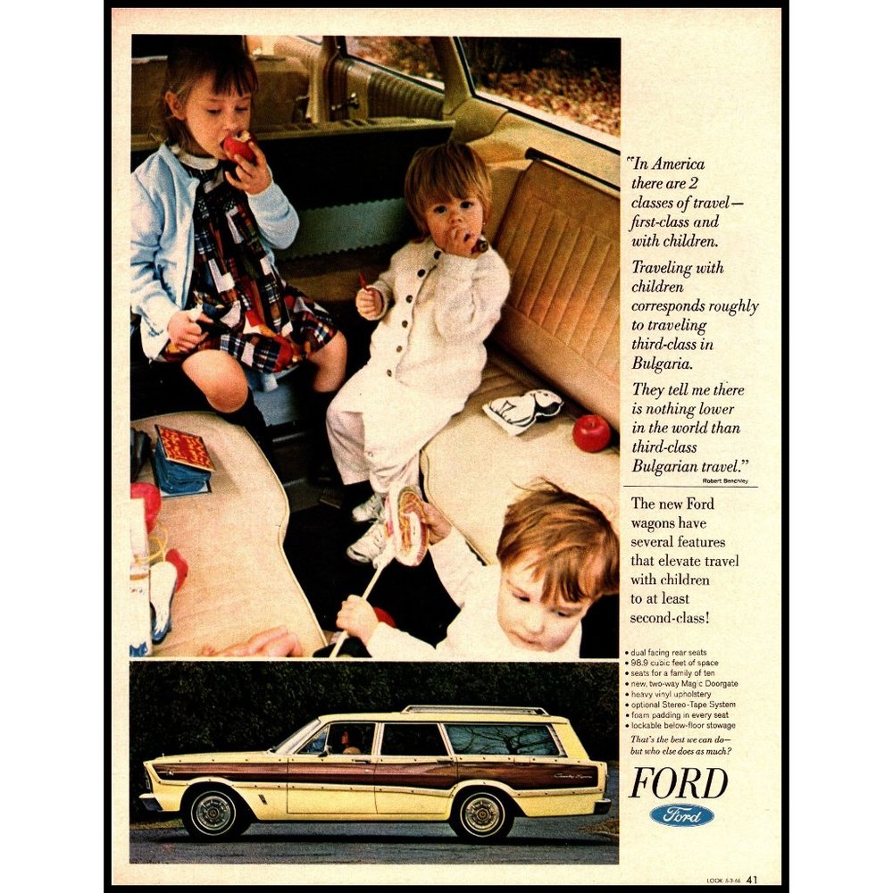 1966 Ford Station Wagons Country Squire Vintage Print Ad Travel with Kids Art